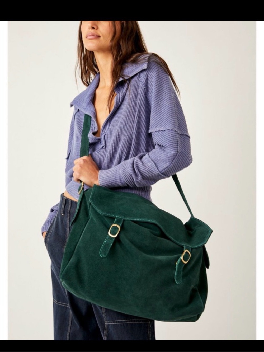 Free People Bennet Suede Messenger Bag Deep Forest Green - Picture 2 of 7
